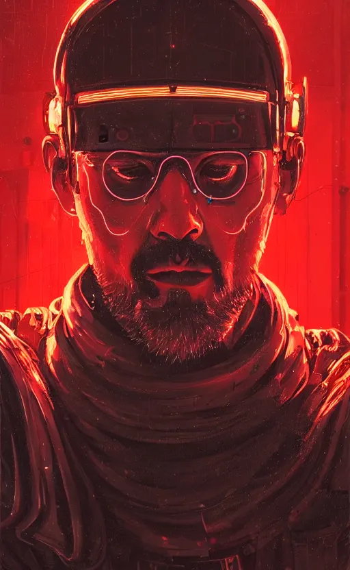 Image similar to detailed portrait Marcus Aurelius, cyberpunk futuristic neon, reflective red coats, decorated with traditional Rome ornaments, burning city behind by Ismail inceoglu dragan bibin hans thoma greg rutkowski Alexandros Pyromallis Nekro Rene Maritte Illustrated, Perfect face, fine details, realistic shaded, fine-face, pretty face