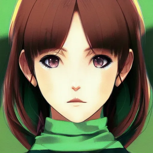 Image similar to a portrait of a pretty anime girl, brown hair, green eyes, by Ilya Kuvshinov