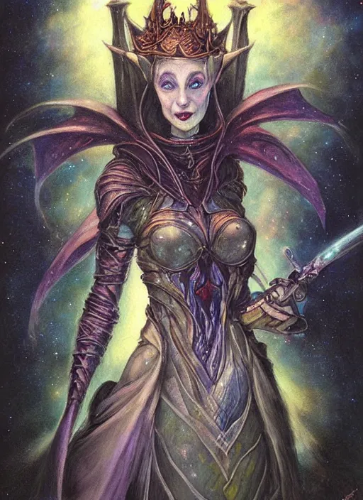 Prompt: portrait of female elf space queen, night sky background, beautiful! coherent! by brom, by brian froud, deep color, strong line, high contrast