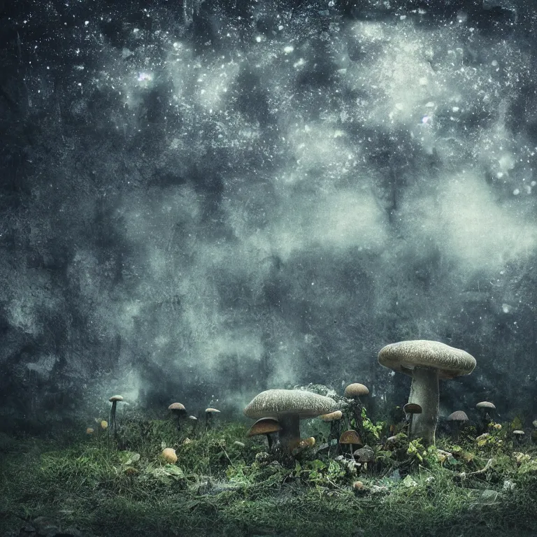 Image similar to a planet of various fungus, mushrooms and plants, inside the picture is infinity, Atmospheric phenomenon, artistic photography, muted colors, conceptual, long exposure outside the city, volumetric light