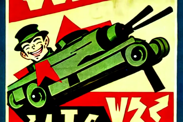 Image similar to 1940s, war, anime, poster, smiling tanks