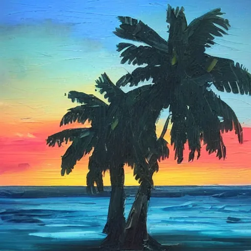 Image similar to a very very small island! beautiful woman!! palm trees, dark very late evening cloudy sunset, dramatic and dynamic lighting, thick brush strokes oil impasto painting