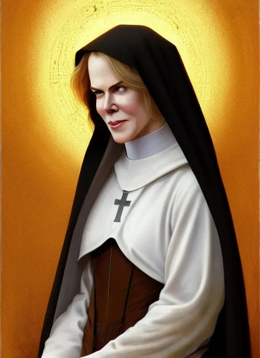 Prompt: portrait of nicole kidman as a nun, catholic, church, bible, christian, intrigante, headshot, highly detailed, digital painting, artstation, concept art, sharp focus, cinematic lighting, illustration, art by artgerm and greg rutkowski, alphonse mucha, cgsociety