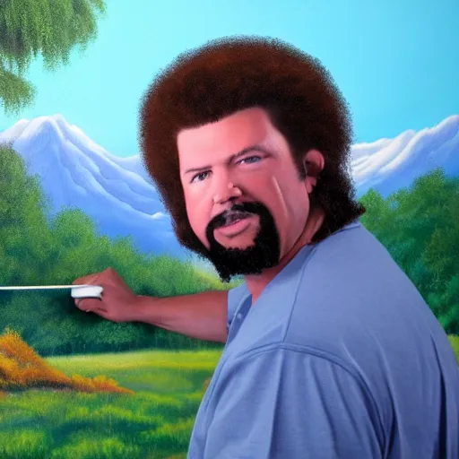 Prompt: a closeup photorealistic photograph of bob ross placing the finishing touches on a canvas painting of kenny powers. mountains and trees. film still. brightly lit scene. this 4 k hd image is trending on artstation, featured on behance, well - rendered, extra crisp, features intricate detail, epic composition and the style of unreal engine.