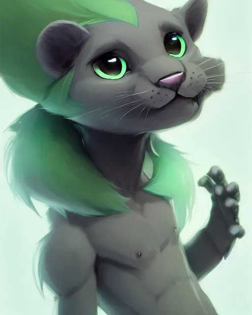 Image similar to character concept art of a cute young male anthropomorphic furry gray panther green hair | | cute - fine - face, pretty face, key visual, realistic shaded perfect face, fine details by stanley artgerm lau, wlop, rossdraws, james jean, andrei riabovitchev, marc simonetti, and sakimichan, trending on artstation