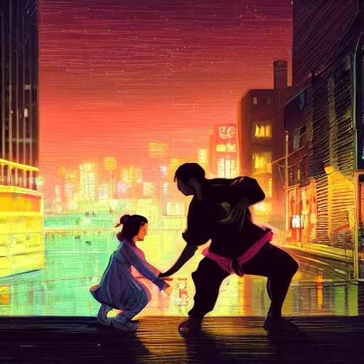 Prompt: old martial arts teacher with his cute daughter, rainy night, neon glow concept art, sharp focus, city background, intricate, digital painting, artstation, official media, anime key visual, highly detailed, rich vivid colors ambient lighting, illustration, art by Artgerm, Makoto Shinkai, Ilya Kuvshinov, Lois Van Baarle and Rossdraws