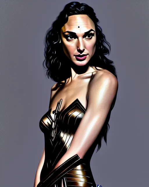 Image similar to gal gadot, wearing an evening gown, vera wang couture, very detailed portrait, ultrarealistic, dramatic lighting, electrical details, high details, 4k, 8k, best, accurate, trending on artstation, fur, artstation, photorealism, ultrarealistic, digital painting, style of Dali, Caravaggio, Boris Vallejo