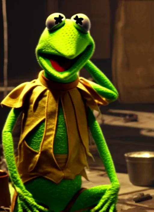 Prompt: kermit the frog in fallout 4, hq screen shot, octane render, cinematic lighting, sharp detail, 5 k