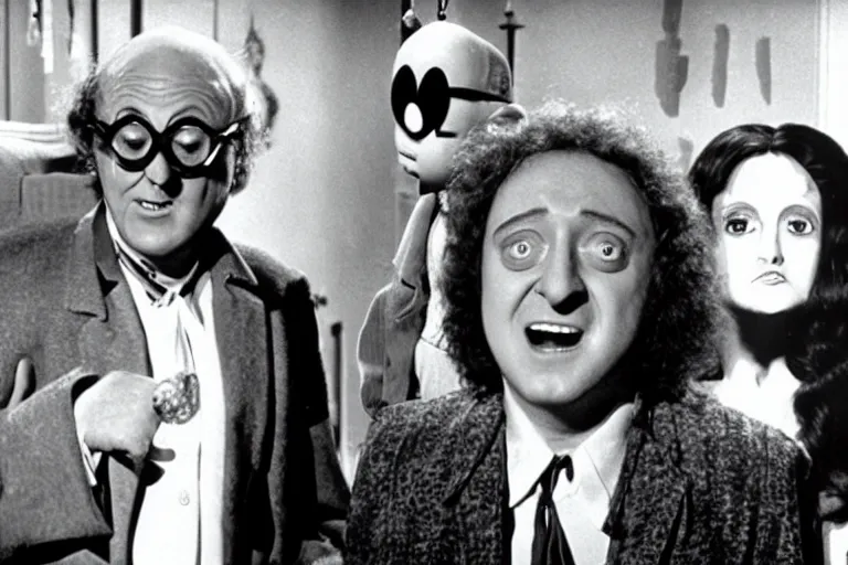 Image similar to Billy Wilder, Marty Feldman and weird al Yankovic in a still of the movie Young Frankenstein, hyperrealistic, cinema