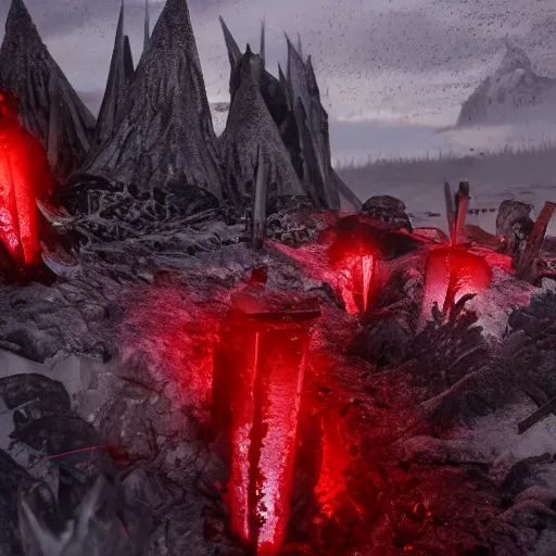 Image similar to highly detailed bloody ice spikes are errupting from the ground by magic, a group of knights in plate - armor impalent by bloody stakes, horrible death on the spot, gloomy lights in the sky, octane render, unreal engine, hyperrealistic