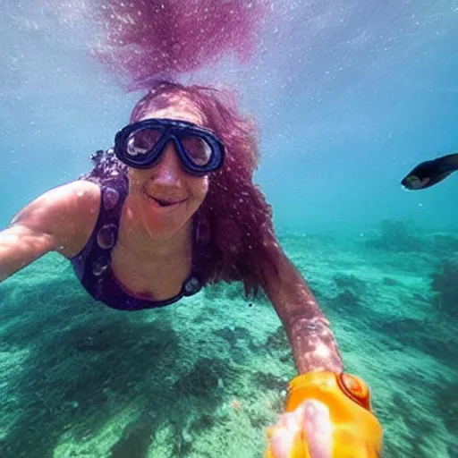 Image similar to woman taking a selfie with a fish, underwater, gopro photo