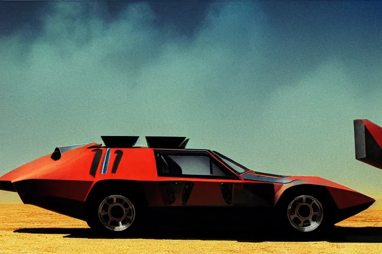 Image similar to designed by giorgetto giugiaro stylized poster of mad max's pursuit special, the last v 8 interceptor, thick neon lights, ektachrome photograph, volumetric lighting, f 8 aperture, cinematic eastman 5 3 8 4 film