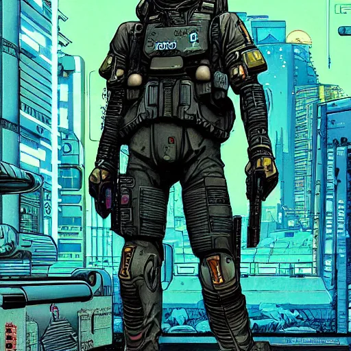 Image similar to a cyberpunk soldier with tactical gear and a rifle patrols a japanese city on mars, Industrial Scifi, detailed illustration, character portrait, by Martin Grip and Moebius