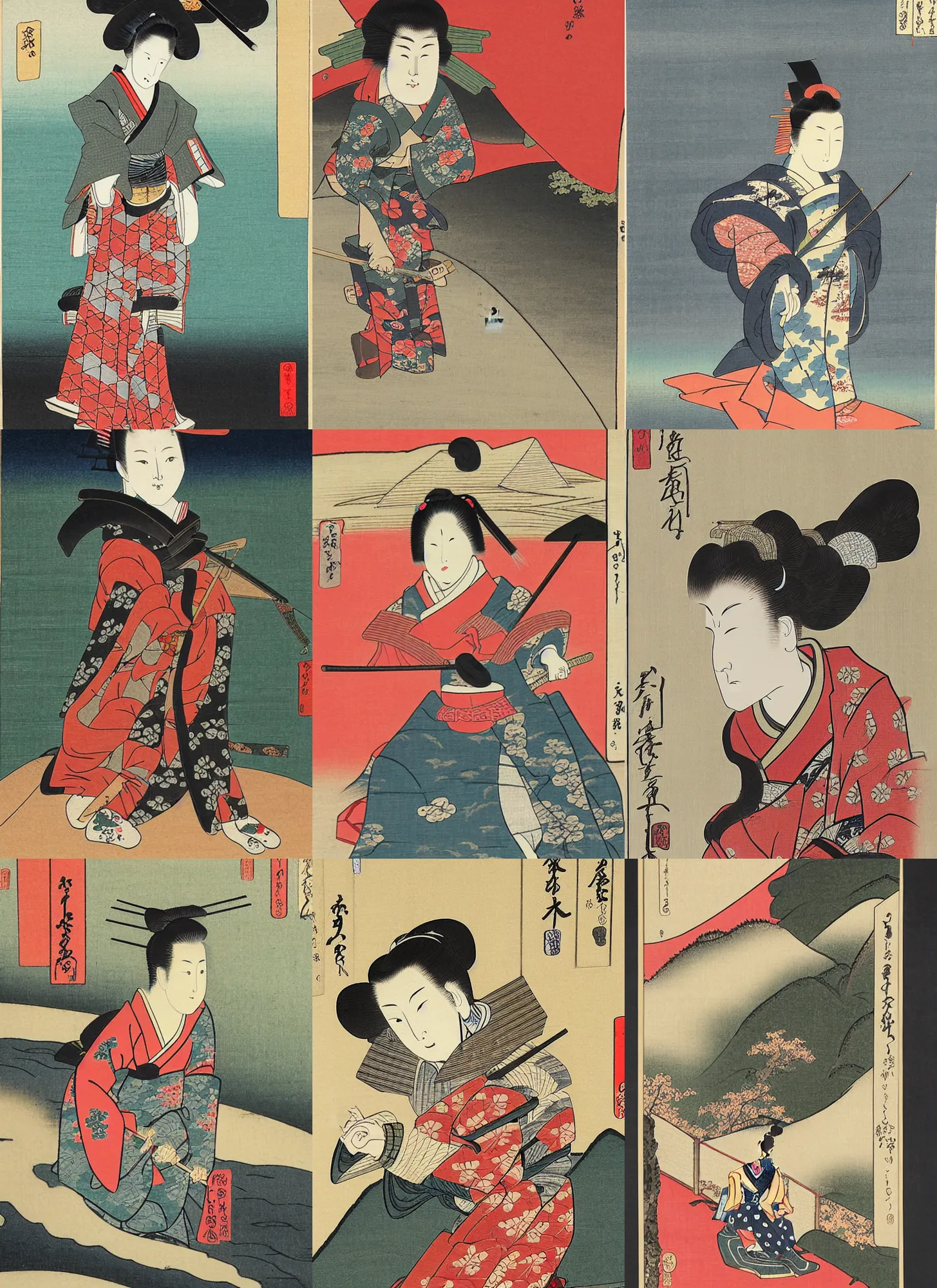 Prompt: ukiyo - e painting of a samurai girl walking a road in the mountains
