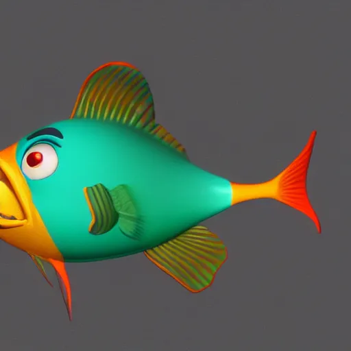 Prompt: a 3d render of a fish underwater that is looking a boat , in the style of a pixar cartoon, disney cartoon