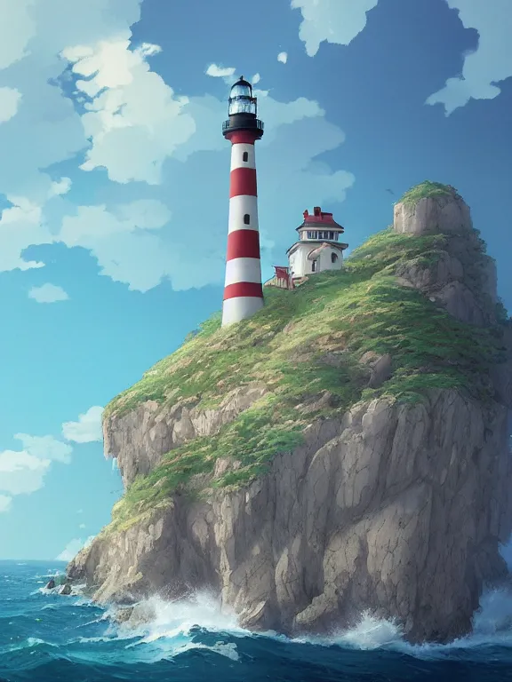 Image similar to A highly detailed matte painting of lone lighthouse by Studio Ghibli, Makoto Shinkai, by Artgerm, by WLOP, by Greg Rutkowski, volumetric lighting, octane render, 4K resolution, trending on artstation, masterpiece