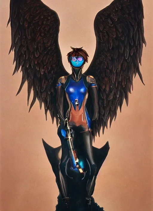 Image similar to full body artwork of tracer overwatch wearing leather collar in style of zdzisław beksinski, angel wings, dramatic painting, symmetrical composition, wearing detailed leather collar, black shiny armor, chains, black harness, detailed face and eyes,