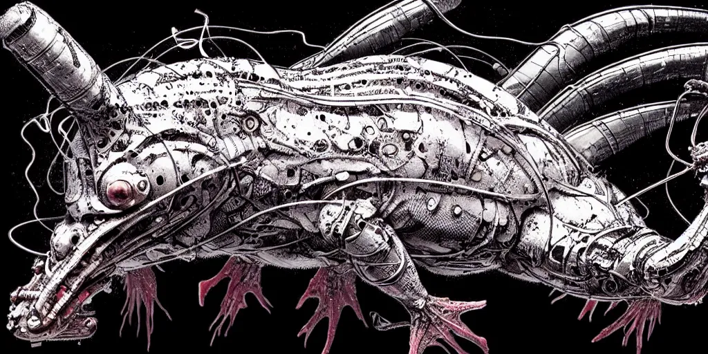 Prompt: a cyborg axolotl. ultrafine hyperdetailed illustration by kim jung gi and hans ruedi giger.