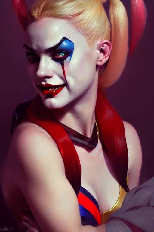 Prompt: a portrait of harley quinn, fantasy, sharp focus, intricate, elegant, digital painting, artstation, matte, highly detailed, concept art, illustration, ambient lighting, art by ilya kuvshinov, artgerm, alphonse mucha, and greg rutkowski