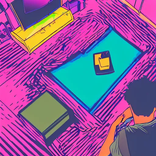 Image similar to aerial view photo of a guy laying on the floor of his bedroom looking at the camera, synthwave colors, computer, cell phone, video games, tv, knick knacks, faded effect, scribble anime, light, bright, no shadows