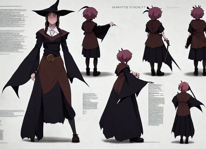 Image similar to character model sheet of female student witch by greg rutkowski, magic school uniform academia, by studio ghibli and ross tran, digital art, trending on artstation, highly detailed, illustration, concept art, elegant, beautiful, masterpiece