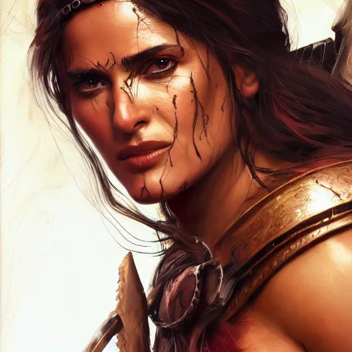 Image similar to portrait of salma hayek as barbarian warrior, au naturel, hyper detailed, digital art, trending in artstation, cinematic lighting, studio quality, smooth render, unreal engine 5 rendered, octane rendered, art style by klimt and nixeu and ian sprigger and wlop and krenz cushart.