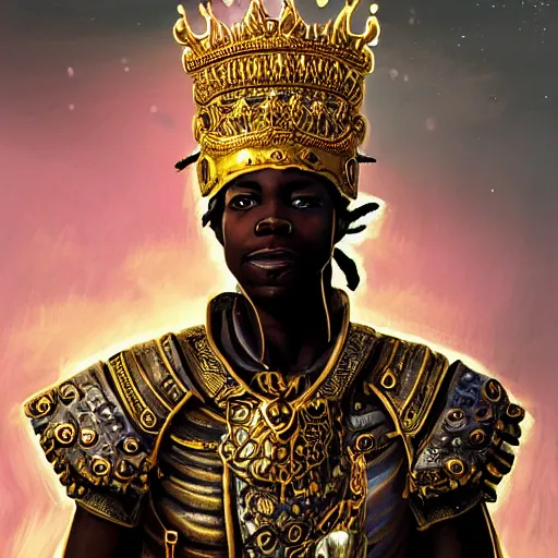 Prompt: a young black boy dressed like an african moorish warrior in gold armor and a crown with a ruby, and a very ornate glowing electric spear!!!, for honor character digital illustration portrait design, by android jones in a psychedelic fantasy style, dramatic lighting, hero pose, wide angle dynamic portrait