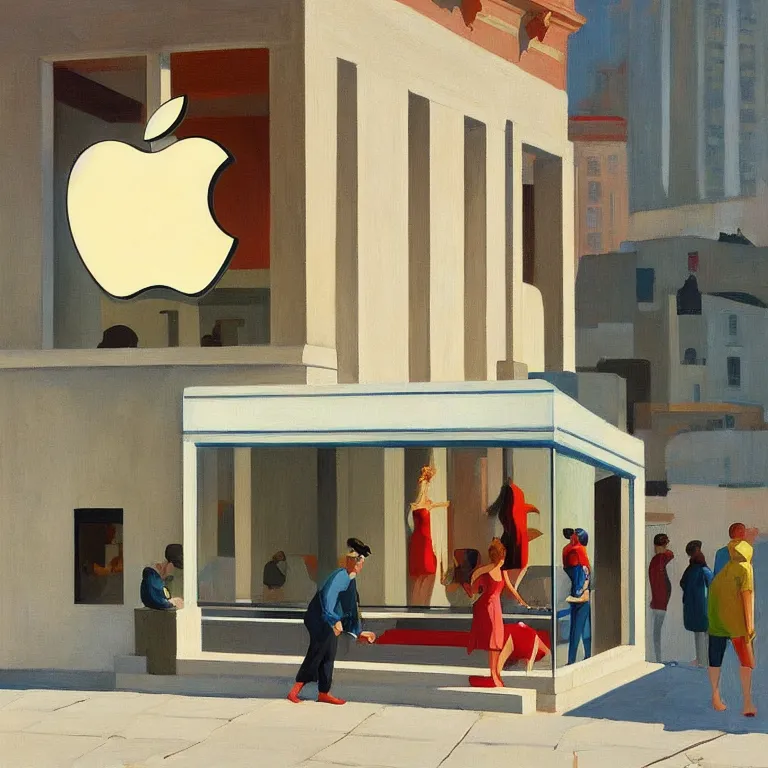 Image similar to apple store opening in ancient Greece, painted by Edward Hopper, painted by James Gilleard, airbrush