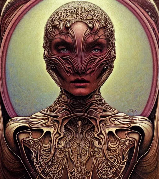 Image similar to detailed realistic beautiful young alien robot jessica lange as queen of mars face portrait by jean delville, gustave dore and marco mazzoni, art nouveau, symbolist, visionary, gothic, pre - raphaelite. horizontal symmetry by zdzisław beksinski, iris van herpen, raymond swanland and alphonse mucha. highly detailed, hyper - real, beautiful