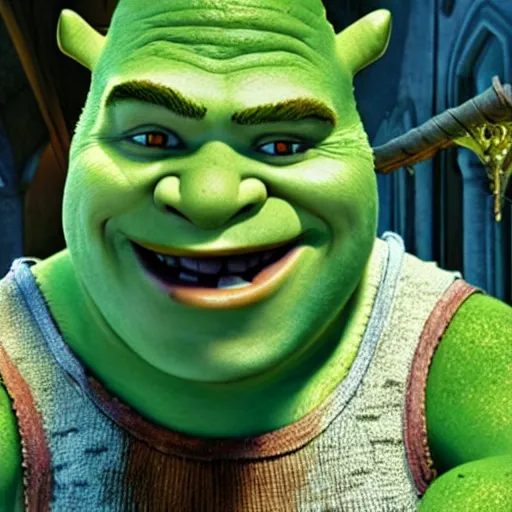 Prompt: film still of Shrek from a creep movie