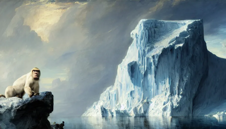 Prompt: highly detailed painting of white giant gorilla cats with large feathered wings on a blue and white iceberg by william turner, by greg rutkowski, by william constable, thick brush strokes and visible paint layers, 4 k resolution