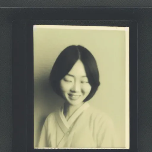 Prompt: polaroid of a young japanese woman on at night, smiling gently