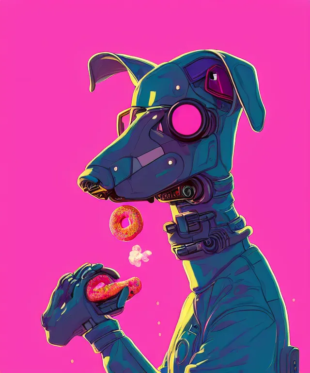 Prompt: a portrait of an anthropomorphic cyberpunk greyhound dog eating a pink donut, cyberpunk!, cyberpunk cityscape background, fantasy, elegant, digital painting, artstation, concept art, matte, sharp focus, illustration, art by josan gonzalez