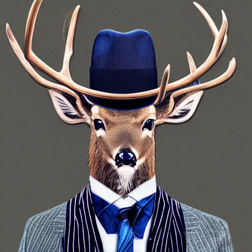 Prompt: a upper body portrait of a deer in a pinstriped suit and pants wearing a fedora with the antlers sticking out of the fedora by artgerm and wlop, intricate detail, digital art, photorealistic, trending on artstation