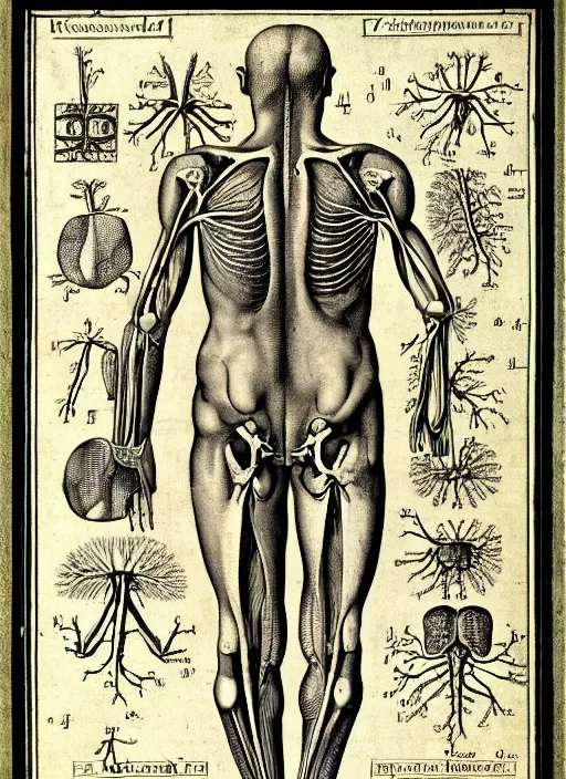 Image similar to anatomy textbook scientific anatomical illustration, made by Wenceslas Hollar in vintage Victorian England colourised print style