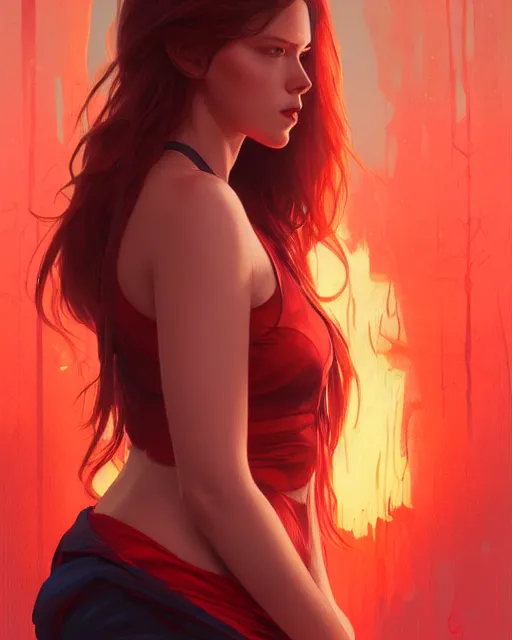 Image similar to emily rajtkowski, lake, red, flames everywhere, highly detailed, digital painting, artstation, concept art, smooth, sharp focus, illustration, art by artgerm and greg rutkowski and alphonse mucha