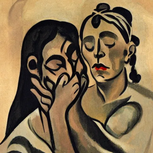 Prompt: This illustration was painted in 1937 during the Guerra Civil Española. The woman in the illustration is weeping for her dead husband. She is wearing a black dress and a black veil. Her face is distorted by grief. The illustration is dark and somber. Navajo green, illuminated codex gilded by Ossip Zadkine dismal