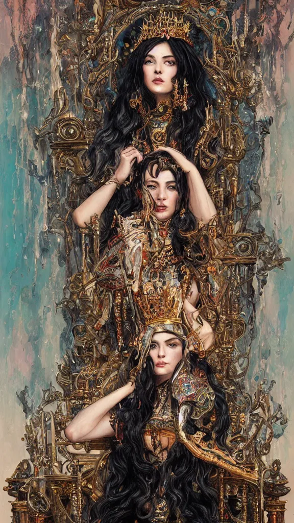 Image similar to painting of a beautiful black haired woman with pale skin and a crown on her head sitted on an intricate metal throne, illustration, artistic, colorful, hyper detailed, in the style of greg rutkowski,