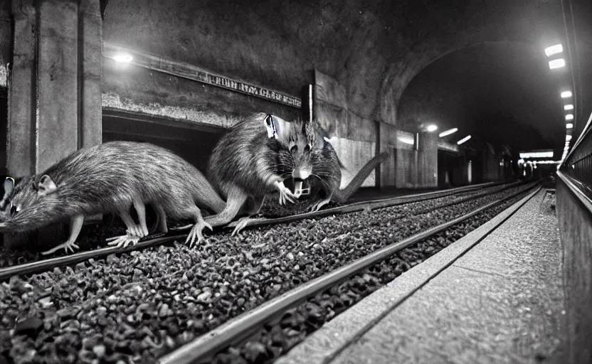 Image similar to very large giant mutant zombie irradiated rat sraying on railways in tonnel of moscow subway. extreme high detail. low dark light, scary atmosphere.