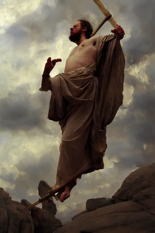 Image similar to beautiful oil painting portrait of ancient roman god emperor steve buscemi hovering in the air wearing the civic crown levitating and ascending in stations of the cross pose, art by anders zorn, wonderful masterpiece by greg rutkowski, expressive brush strokes, beautiful cinematic light, american romanticism by greg manchess, jessica rossier