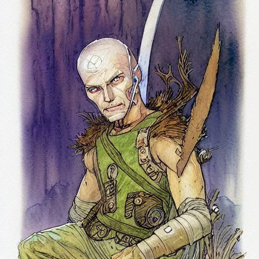 Image similar to a simple and atmospheric watercolour fantasy character concept art portrait of an android soldier with a pomeranian head as a druidic warrior wizard looking at the camera with an intelligent gaze, very muted colors, by rebecca guay, michael kaluta, charles vess and jean moebius giraud