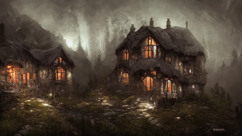 A dark decrepit cottage on a mountaintop at night, by | Stable ...