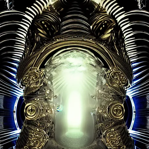 Image similar to open majestic portal to another dimension, with turbulent image of different time space, ethereal, sci fi, high filigree detail, intricate, giger!, beautiful reflective metals and reflections, photo realistic, 8 k