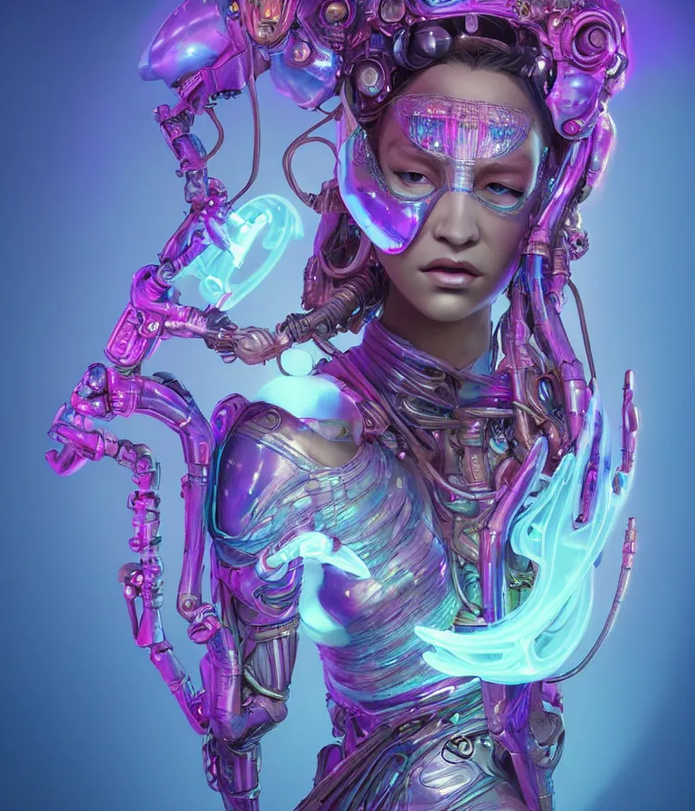 Image similar to iridescent portrait of a beautiful princess in robe. hard surface modelling. cyberpunk look. biomechanical mask. bio luminescent biomechanical halo around head. neon jellyfish. artwork by jarold Sng by artgerm, by Eddie Mendoza, by Peter mohrbacher by tooth wu, unreal engine, octane render, cinematic light, high details, iridescent colors, dichroic, macro, 4l