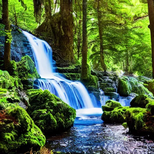 Prompt: forest oasis with sparkling waters surrounded by smooth cliffs with a waterfall cascading down into the oasis, 4 k photography