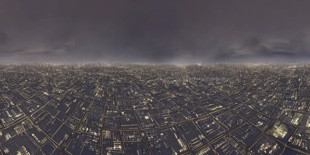 Image similar to a big industrial city metropoli in the distance, cloudy dark sky, it's late at night the moon and the milky way shine, dead bodies are scattered over the city, 3 6 0 render panorama