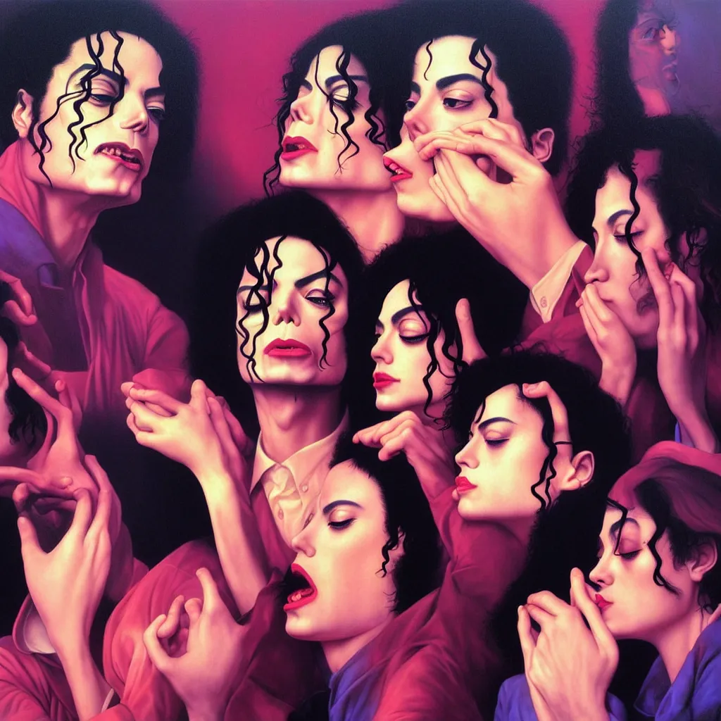 Prompt: weird and disturbing portrait of michael jackson kissing, vivid colors, neon, art by gregory crewdson, ( ( ( kuvshinov ilya ) ) ) and wayne barlowe and francis bacon and artgerm and wlop and william - adolphe bouguereau