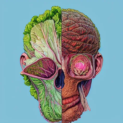 Prompt: the anatomy of a head of lettuce, an ultrafine detailed painting by james jean, intricate linework, bright colors, final fantasy, behance contest winner, vanitas, angular, altermodern, unreal engine