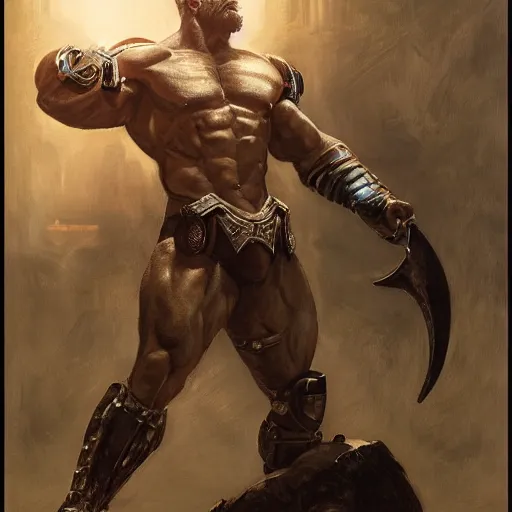 Prompt: handsome portrait of a spartan guy bodybuilder posing, radiant light, caustics, war hero, metal gear, steel bull run, by gaston bussiere, bayard wu, greg rutkowski, giger, maxim verehin