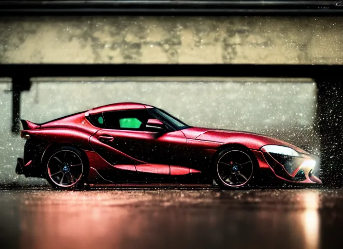 Image similar to symmetry!! close up macro shot of a toyota supra car on wet tokyo street at night, intricate, hyper detailed, smooth, high contrast, neon, volumetric lighting, octane, moebius, greg rutkowski, blade runner, ripley scott, cindmatic